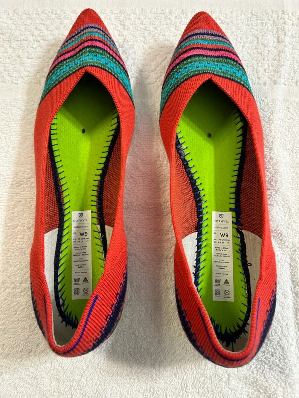 Rothy’s Merino Wool Collection Point Toe Blaze Ribbon Stripe Flats Womens Size 9